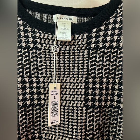 Max Studio Black and Gold Houndstooth Long Sleeve Dress Flared Skirt Belted - Picture 3 of 6